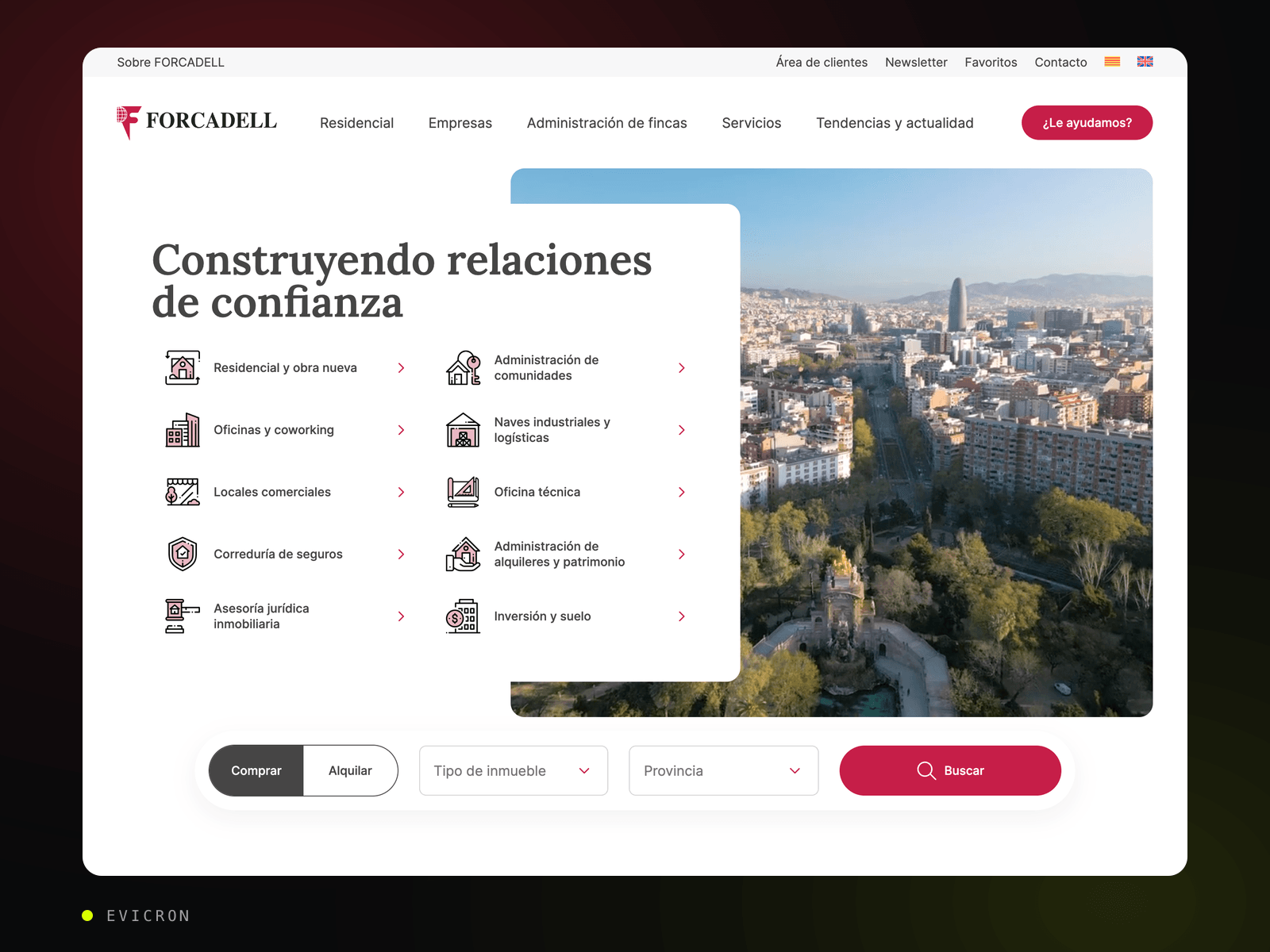 Forcadell real estate portal showing the property search and listing cards
