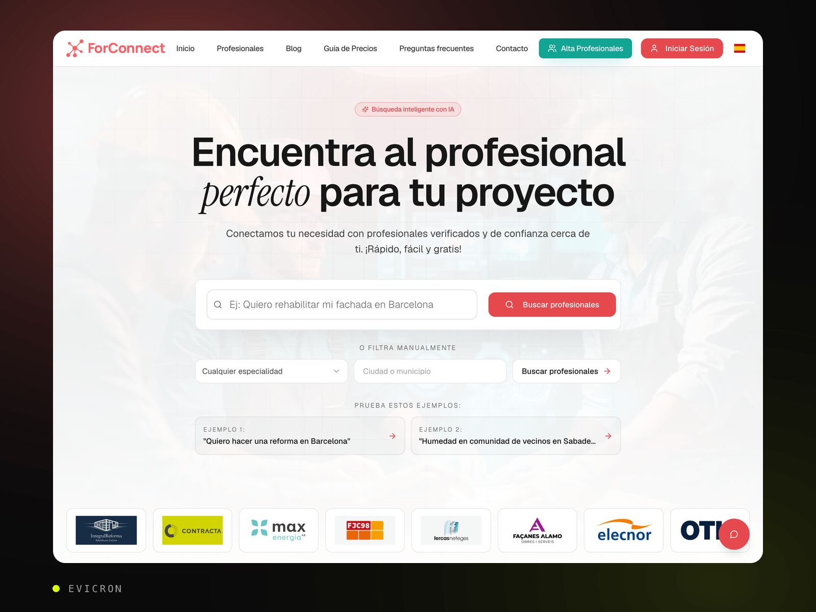 ForConnect interface, the home services marketplace built by Evicron for Forcadell