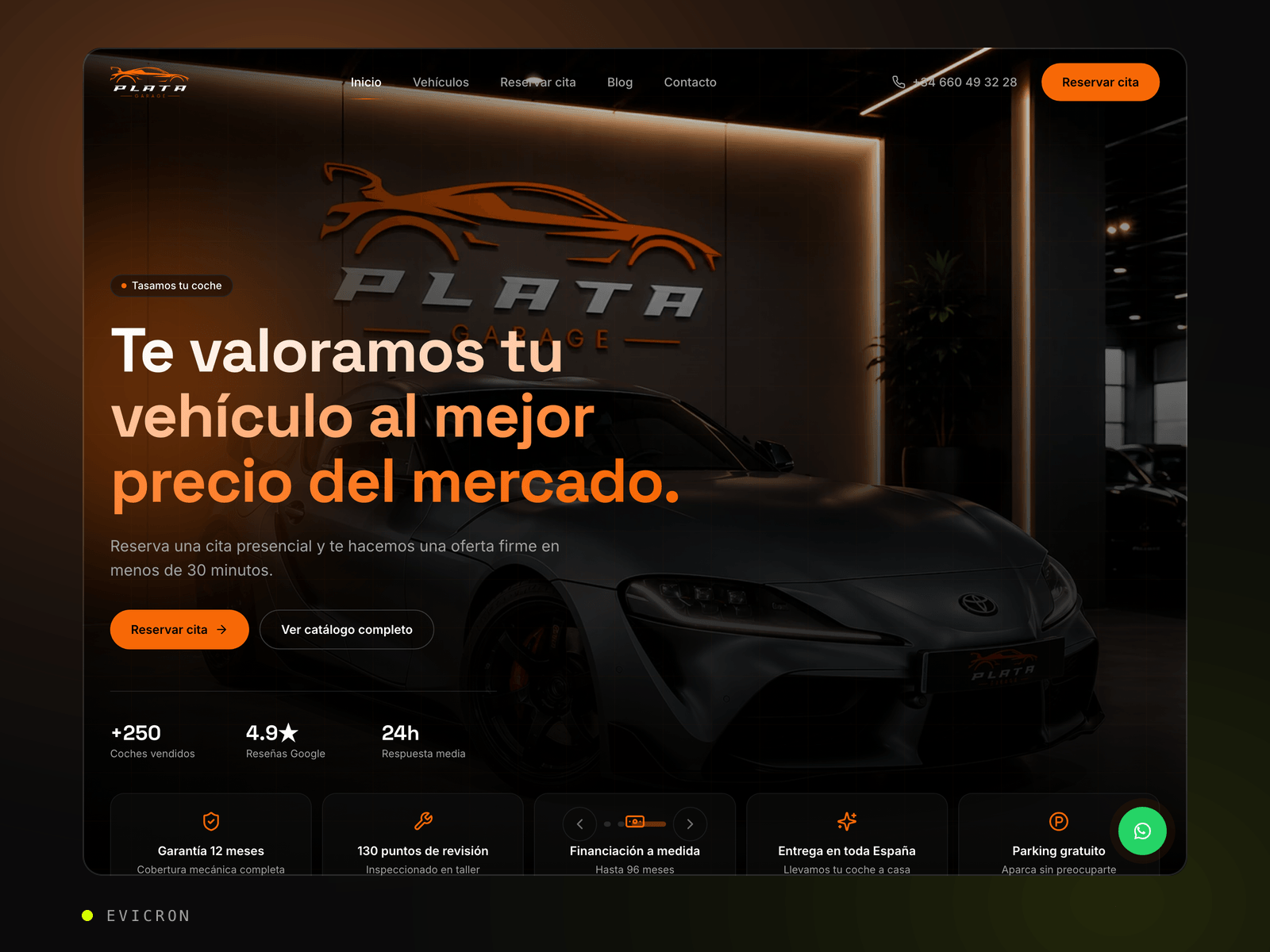 Plata Garage website showing the vehicle catalogue and the management dashboard